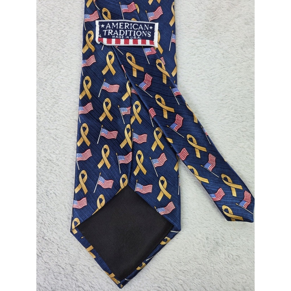 American Traditions USA Made Silk Tie Gold Ribbon American Flag Patriotic Navy